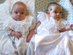 Lulu (left), Peanut (right) both wearing the same baptismal gown that all of their paternal cousins have worn.  