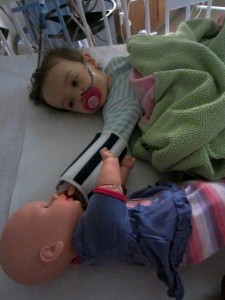 8am - Peanut hadn't moved much aside from reaching for her dolly.  