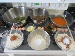 Three big batches of muffins - zucchini, banana, and pumpkin